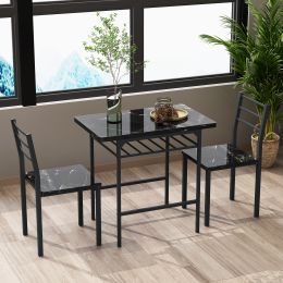 Modern 3-Piece Dining Table Set with 2 Chairs for Dining Room; Black Frame+Printed Black Marble Finish