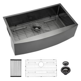 36 inch Farmhouse Kitchen Sink Gunmetal Black Apron Front 16 Gauge Stainless Steel Deep Single Bowl Kitchen Farm Sinks