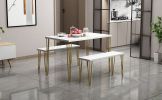 TOPMAX Rustic Farmhouse 3-Piece Dining Table Set with 2 Benches,Thick Table/Bench Top with Iron Frame for 4 in Small Places,Faux Marble White+Gold Fra