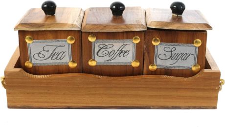 WILLART Handcrafted Teak Wood Antique Look Tea Coffee Sugar 3 Container Set in Wooden Tray Ã¢â‚¬â€œ Container with Lids (Dimension : 10.50 x 4 x 5 Inch)