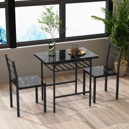 Modern 3-Piece Dining Table Set with 2 Chairs for Dining Room, Black Frame+Printed Black Marble Finish