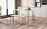 TOPMAX Rustic Farmhouse 3-Piece Dining Table Set with 2 Benches,Thick Table/Bench Top with Iron Frame for 4 in Small Places,Faux Marble White+Gold Fra