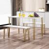 TOPMAX Rustic Farmhouse 3-Piece Dining Table Set with 2 Benches,Thick Table/Bench Top with Iron Frame for 4 in Small Places,Faux Marble White+Gold Fra