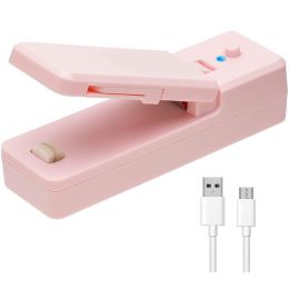 1pc 2 In 1 USB Chargable Mini Bag Sealer Heat Sealers With Cutter Knife Rechargeable Portable Sealer For Plastic Bag Food Storage (Color: pink)