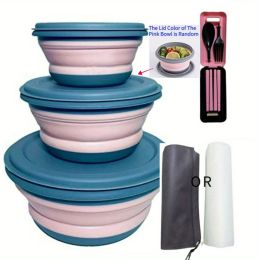 3pcs/set Camping Bowl; Silicone Collapsible Bowl Lunch Box Salad Bowl With Lid; Expandable Food Storage Containers Set With Folding (Color: pink)