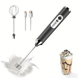 One Set Of Milk Frother Handheld USB-Rechargeable With 2pcs Stainless Whisk Heads; 3-Speed Adjustable Handheld Milk Frother For Cappuccinos; Hot Choco (Color: black)