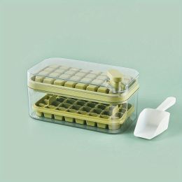 1pc Large Size 32/64 Slots Ice Mold Ice Tray Tray With Lid Ice Delivery Shovel; Creative 2-in-1 Ice Tray Mold And Storage Box One-click For Ice Extrac (Color: green, Quantity: 64 Cells)