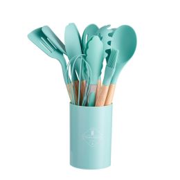 11pcs Wooden Handle Silicone Kitchen Utensils Set Storage Bucket Non-stick Shovel Spoon Cooking Kitchen Utensils 11 Pieces Set Silicone Shovel Spoon (Color: Dark green)