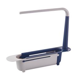 Telescopic Sink Storage Rack Maximum stretch to 17.7in,Adjustable Telescopic 2-in-1 Sink,Expandable Storage Drain Basket for Kitchen sink,telescopic S (Color: Blue)