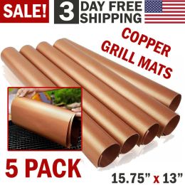 5pc Copper Grill Mats Baking Non Stick BBQ Mat Pad Bake Cooking Oven Sheet Liner XH (Default: Default)